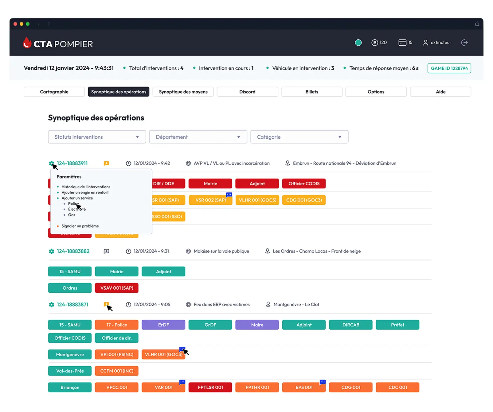 Interface webdesign synoptique des opérations CTA Pompier