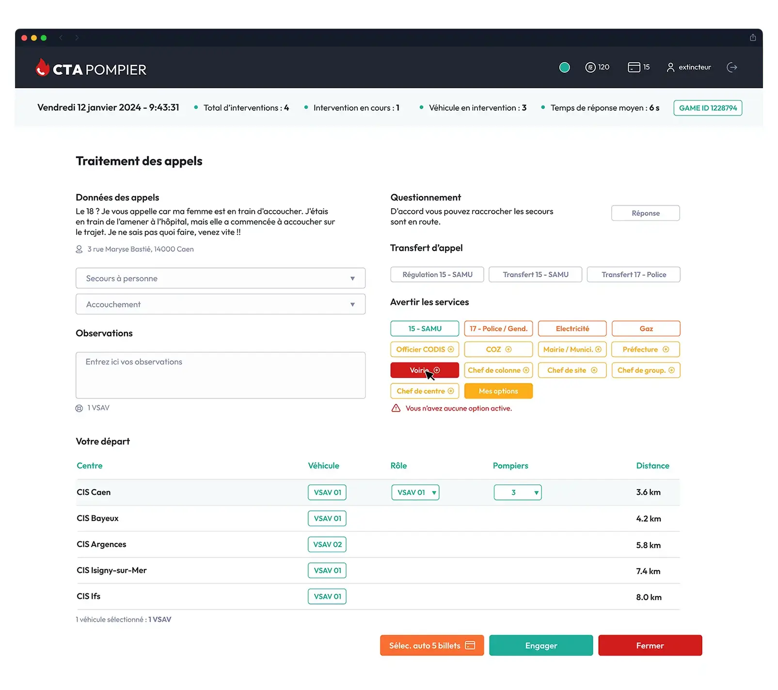 Design d'interface UI pour le traitement des appels CTA Pompier